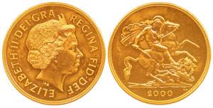Great Britain, Elizabeth II, Gold 5 Pounds, 2000. Mint State Proof.