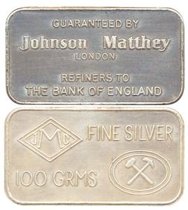 Silver bar, Johnson Matthey London, Refiners to the Bank of England, 100 grams, .999 Silve