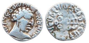 Satavahanas, Vasithiputra Pulumavi, Silver, Portrait type, bust of the ruler to right on o