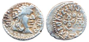 Satavahanas, Vasithiputra Satakarni, Silver, Portrait type, bust of the ruler to right on 