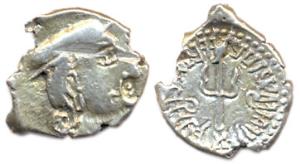 Sharvva Bhattarakas, Silver, Karshapana, Kshatrapa type bust of the ruler to right on obv,