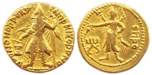Kushanas, Kanishka I, Gold, Dinar, Osho type, king holding a spear in his left hand and wi