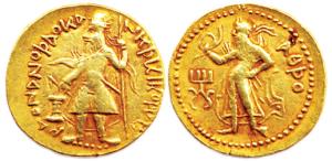 Kushanas, Kanishka I, Gold, Dinar, Athso type, king holding a spear in his left hand and w