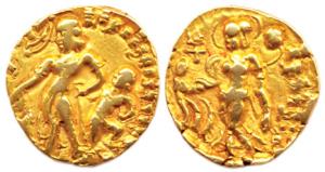 Guptas, Chandragupta II, Gold, Dinar, Chhatra type, an attendant holding a parasol (Chhatr