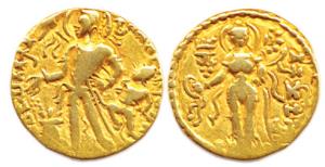 Guptas, Chandragupta II, Gold, Dinar, Chhatra type, an attendant holding a parasol (Chhatr