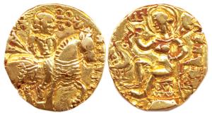 Guptas, Chandragupta II, Gold, 8.56 g, Dinar, Horseman type,king riding a horse to right o