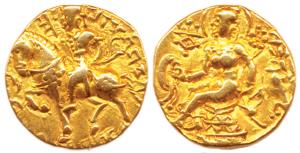 Guptas, Chandragupta II, Gold, 8.56 g, Dinar, Horseman type,king mounted on a horse to lef