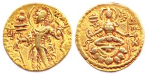 Guptas, Chandragupta II, Gold, 7.70 g, Dinar, Archer type, king standing to left sacrifici