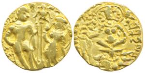 Guptas, Skandagupta, Gold, 8.46 g, Dinar, King and Lakshmi type, king standing on left, ha