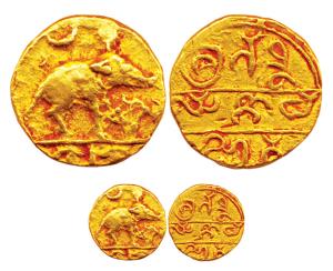 Chalukyas of Kalayana, Uncertain ruler, Gold, 4.34 g, Pagoda, a caparisoned Boar (Varaha) 