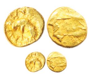 Chalukyas, Gold, 0.41 g, Fanam, a boar standing to right on obv.About Very Fine, Rare.