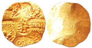Chalukyas of Kalyan, Gold, Pagoda, a Garuda running to right in centre with a number of pu