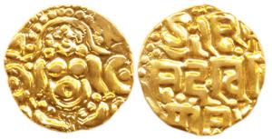 Muhammad bin Sam, base Gold, Lakshmi type, seated goddess on obv, Nagari legend Shri Muham