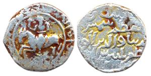 Iltutmish, Silver, Tanka, Horseman type, king riding a horse to right and legend in the ma