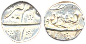 Aurangzeb, Silver, 1/8 Rupee Nisar, Burhanpur Mint. Remnants of a hook in centre on rev, o