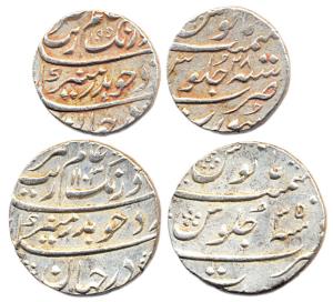 Aurangzeb, Silver (2), Rupee and ½ Rupee, Surat Mint, AH1102/35, 1095/28. Complete dates, 