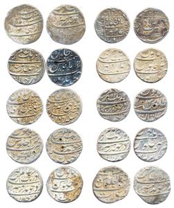 Aurangzeb, Silver (10), Rupee, 10 different mints and types:Ahmadnagar, Alamgirpur, Akbara
