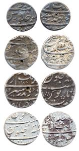 Aurangzeb, Silver (4), ½ Rupee, 2 different mints and types:Khambayat and Surat Mints. Fin