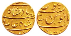 Shah Alam I, Gold, Mohur, Khujista Bunyad Mint, mint name in the bottom margin on rev, RY 