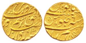 Farrukhsiyar, Gold, Mohur, Islamabad Mint, RY 6. About Extremely Fine, Scarce.