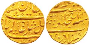 Haider Ali, Gold, Mohur, Bahadurpatan Mint, in the name of Shah Alam II, Persian he for Ha
