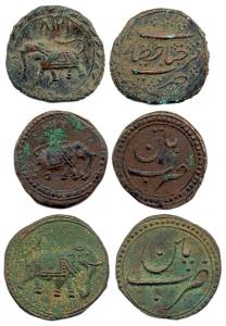 Tipu Sultan, Copper (3), Paisa, Patan Mint (2) and Farrukhyab Hissar Mints, various types 