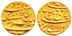 Brijis Qadr, Gold, Mutiny Mohur, in the name of Shah Alam II,Awadh Mint, 1229/26 (KM 390).