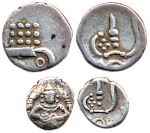 Silver (2), Double and Single Puttuns, ND (KM 2), goddess on obv.