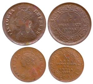 Copper (2), Dewas Senior Branch, 1/12 Anna, 1888; Dhar State, ½ Pice, 1887, both with the 