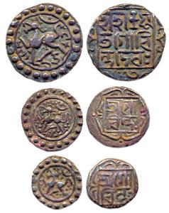 Govinda Mankya, Silver (3), 1/4, 1/8 and 1/16 Rupee, lion to left and Bangala legend on re