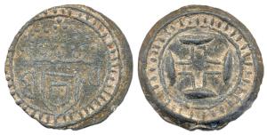 Daman and Bacaim, Lead, 20.18 g, 10 Bazarucos, cross on the obv,crown and D B on rev. Unda