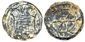 Daman and Bacaim, Tin, 17.27 g, 10 Bazarucos, initials D B on rev.ND, About Very Fine, Ver