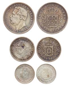 Luis (Ludwig), Silver (3), Set of 3: 1/2, ¼ and 1/8 Rupia, 1881. Very Fine, Scarce. (3)