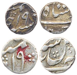Murshidabad Mint, Silver (2), 1/8 Rupee, in the name of Shah Alam II, RY 19. Very Fine, Sc
