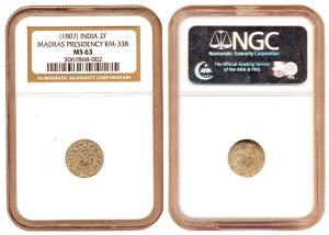 Double Fanam, Silver, 2nd Series, 1807 issues, tri-lingual. Sealed in NGC holder graded MS