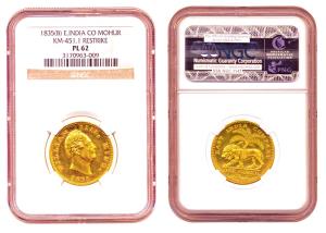 William IV, Gold, Mohur, 1835, Bombay Mint (KM 451.1),Restrike Proof, Sealed in a NGC hold