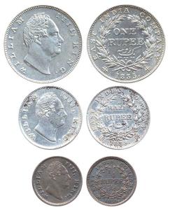 William IV, Silver (3), Set of 3: Rupee, ½ and ¼ Rupee, 1835, first with RS incused and th