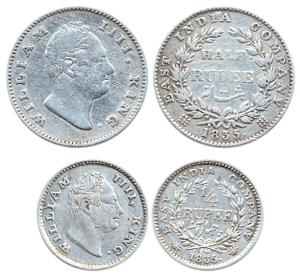 William IV, Silver (2), ½ and ¼ Rupee, 1835, both without initials.About Very Fine, Rare. 