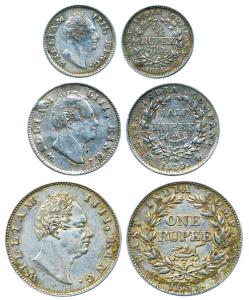 William IV, Silver (3), Set of 3: Rupee, ½ and ¼ Rupee, 1835, first two with F incused and