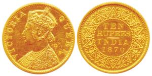 Victoria Queen, Gold, Rs. 10, 1870. Proof, Restrike. Extremely Rare.