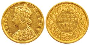 Victoria Queen, Gold, Rs. 5, 1870. Proof, Restrike. Extremely Rare.