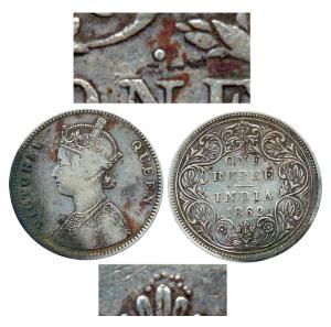 Victoria Queen, Silver, Dot Rupee, 1862, 1 Dot above, 9 Dots below, Bombay Mint. About Ver