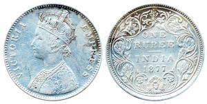 Victoria Empress, Silver, Rupee, 1877, obv. A, rev. II, no dots on the rev. Fine+, Rare.