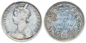 Victoria Empress, Silver, Rupee, 1878, obv. A, rev. II, no dots on the rev. Fine+, Rare.