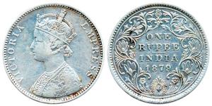 Victoria Empress, Silver, Rupee, 1879, obv. A, rev. II, no dots on the rev. Fine+, Rare.