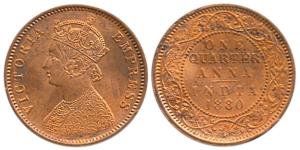 Victoria Empress, Copper, ¼ Anna, 1880. Uncirculated, Scarce.