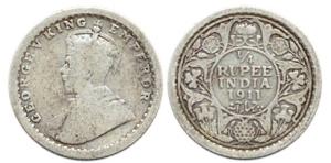 George V, Silver, ¼ Rupee, 1911, Calcutta Mint. Fine, Rare.