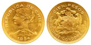 Chile, Gold, 20.3 g, 100 Pesos, 1954, bust of the Queen to left on obv, arms of the state 