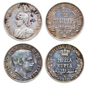 Silver (2), ½ Rupee, German East Africa, 1913A; Italia Somalia,1910A. Very Fine+, Rare. (2