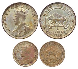 East Africa, George V, Silver (2), 1 Florin, 1939, 50 Cents, 1921. Very Fine+. (2)